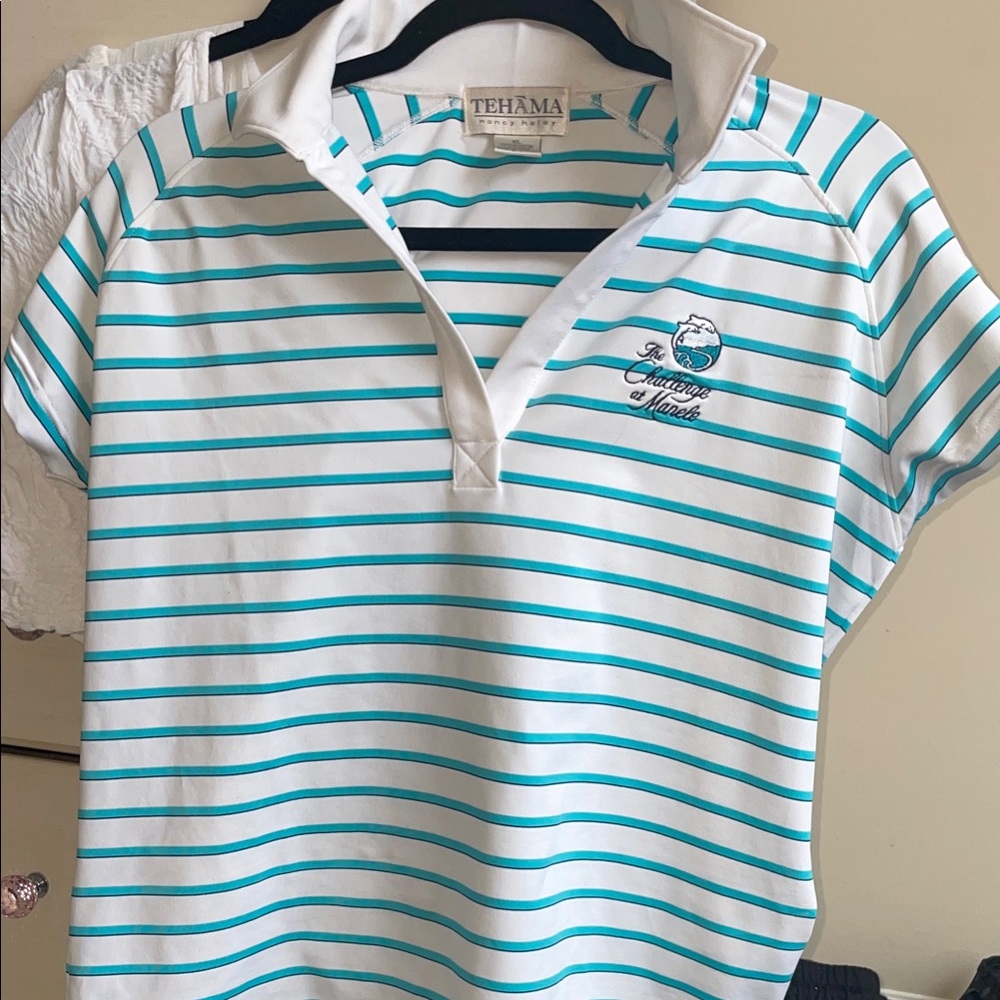 TEHAMA Striped Polo Shirt - White and Teal